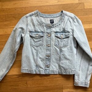 Vintage 90s GAP Cropped Denim Shirt Jacket Light Wash Collarless M/L